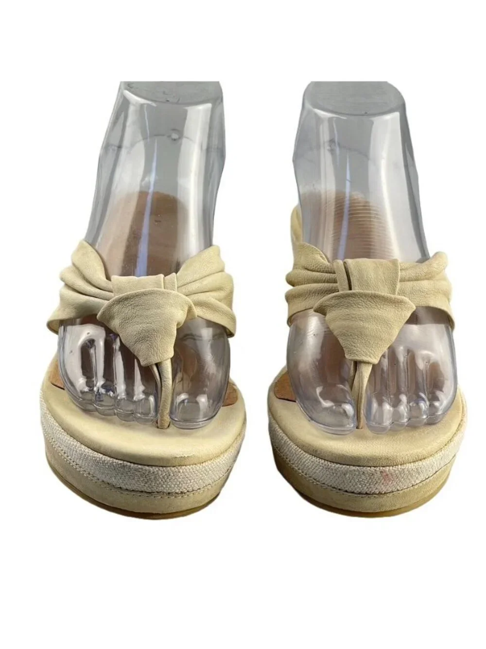 One of Two TPU SOLE Platform Wedge Thongs Leather-Linen Ivory Women Eu 38 US 7
